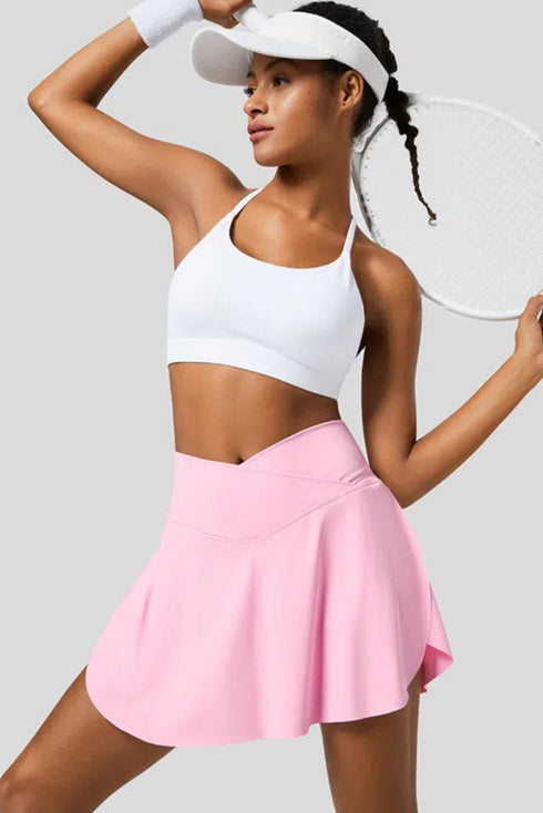 Solid Pocketed Crossover High Waist Swim Skort